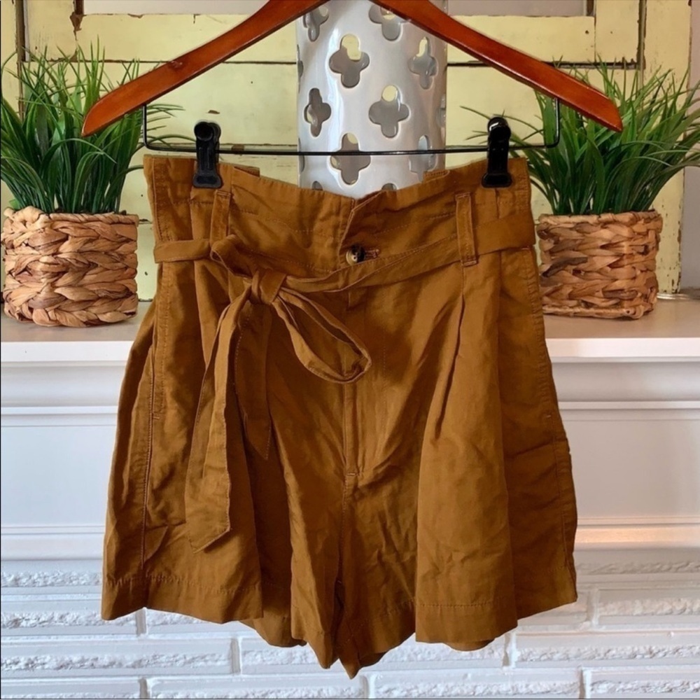 Madewell Brown Paperbag High Waist Shorts Tie Waist Linen Blend Size 4 - Picture 3 of 7